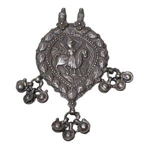 Antique Silver Tribal Pendant Amulet Patri Talisman Horse Rider & Dangling Bells
